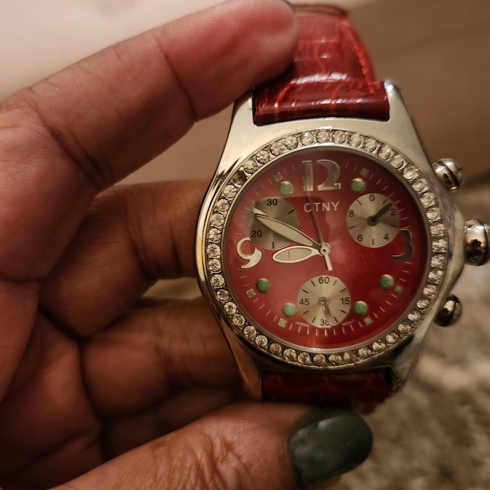 CTNY Red and Silver Watch with Crystal Accents